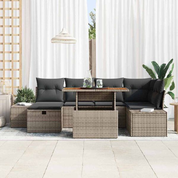 vidaXL Garðsófa sett með púði með geymslu 7 pcs Grár Poly rattan