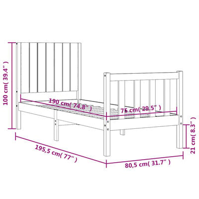 vidaXL Rúmgrind með Höfuðgafli Lítil Einbreið Gegnheill Viður