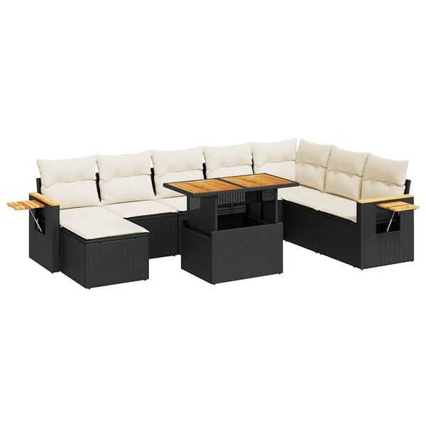 vidaXL 9 stykki gar&eth;s&oacute;fasett me&eth; p&uacute;&eth;um Black Poly Rattan Acacia