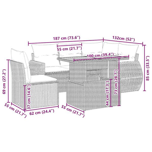 vidaXL 6 Hluta Garðsófasett með Sessum Drapplitað Pólýrattan