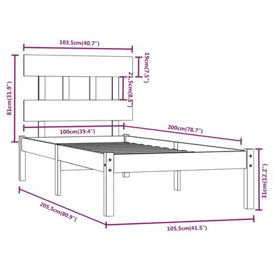 vidaXL Rúmgrind Gegnheil Viður 100x200 cm