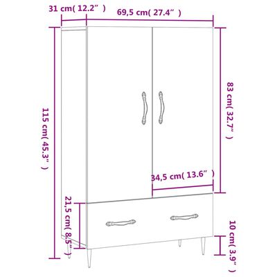 vidaXL Hár Skápur Háglansandi Hvítur 69,5x31x115 cm Samsettur Viður