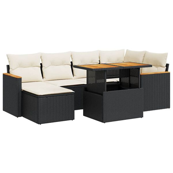 vidaXL 7 stykki gar&eth;s&oacute;fasett me&eth; p&uacute;&eth;um Black Poly Rattan Acacia