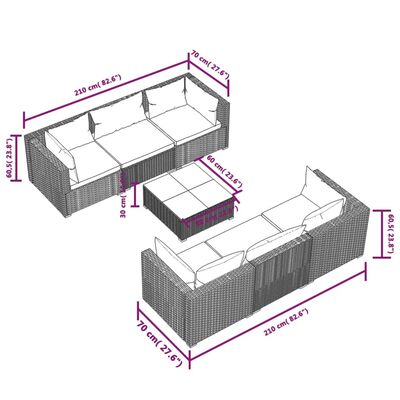 vidaXL 7 Hluta Garðhúsgagnasett með Sessum Pólýrattan Svart