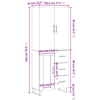 vidaXL Hár Skápur Steypugrár 69,5x34x180 cm Samsettur Viður