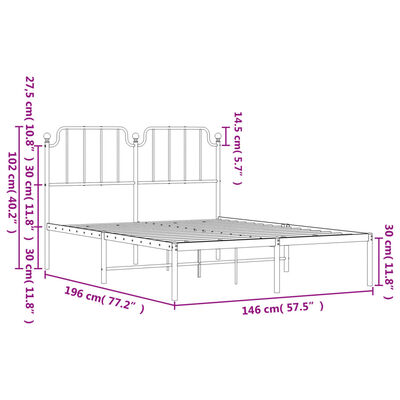 vidaXL Rúmgrind úr Málmi með Höfuðgafli Hvít 140x190 cm