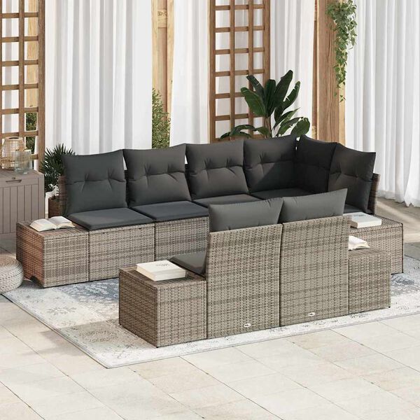 vidaXL Gar&eth;s&oacute;fa sett me&eth; p&uacute;&eth;i 7 pcs Gr&aacute;r Poly rattan