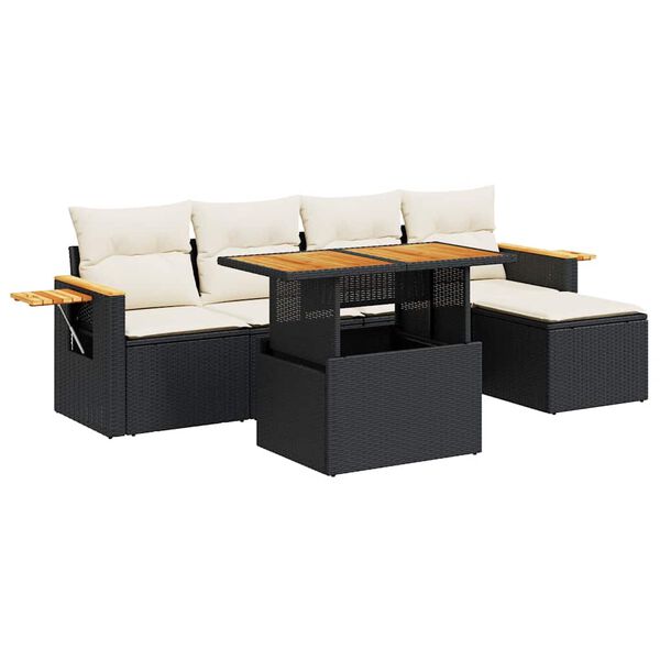 vidaXL 6 stykki gar&eth;s&oacute;fasett me&eth; p&uacute;&eth;um Black Poly Rattan Acacia