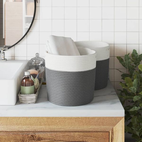 vidaXL Geymslukörfur 2 stk. Grár og Hvítar Ø28x28 cm Bómull