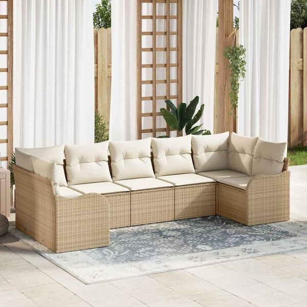vidaXL Gar&eth;s&oacute;fa sett me&eth; p&uacute;&eth;i 7 pcs beige and white Poly rattan