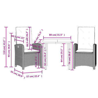 vidaXL 3 Hluta Garðborðsett með Sessum Drappað Pólýrattan