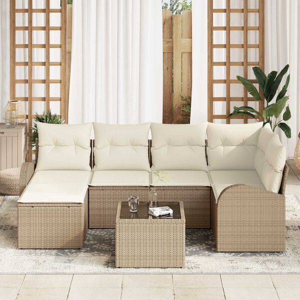vidaXL S&oacute;fasett me&eth; p&uacute;&eth;i me&eth; geymslu 7 pcs Beige og Hv&iacute;tt p&oacute;l&yacute;rattan