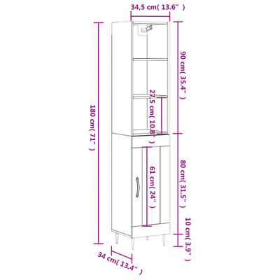 vidaXL Hár Skápur Steypugrár 34,5x34x180 cm Samsettur Viður