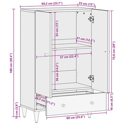 vidaXL Hár Skápur 60x33x100 cm Gegnheill Mangóviður