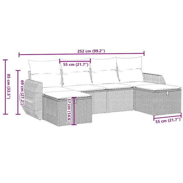 vidaXL 6 -Hluta Gar&eth;s&oacute;fasett me&eth; Sessum Lj&oacute;sgr&aacute;tt P&oacute;l&yacute;rattan