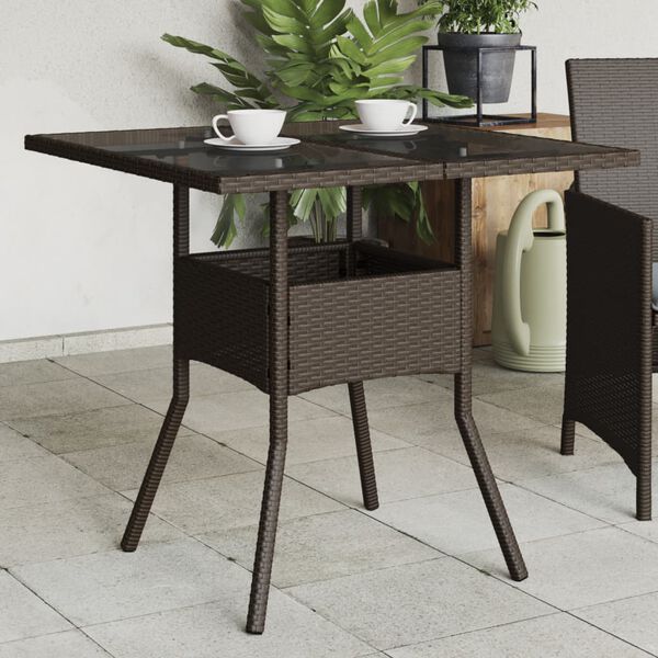 vidaXL Garðborð með Glerplötu Brúnt 80x80x75 cm Pólýrattan