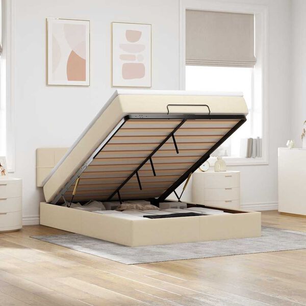 vidaXL Ottoman r&uacute;m me&eth; d&yacute;nu & LED krem 140x200 cm Efni