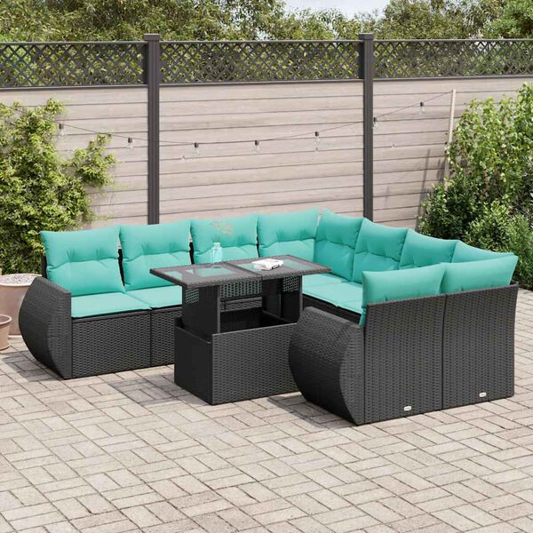 vidaXL 9 stykki gar&eth;s&oacute;fasett me&eth; p&uacute;&eth;um Black Poly Rattan Acacia