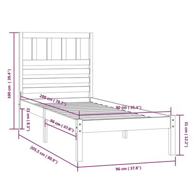 vidaXL Rúmgrind án Dýnu Grár 90x200 cm Gegnheil Fura