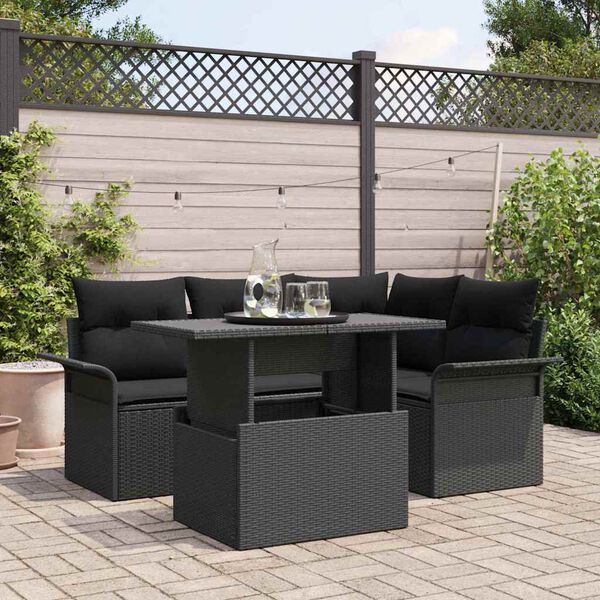 vidaXL Gar&eth;s&oacute;fa sett me&eth; p&uacute;&eth;i 5 pcs Svartur Poly rattan