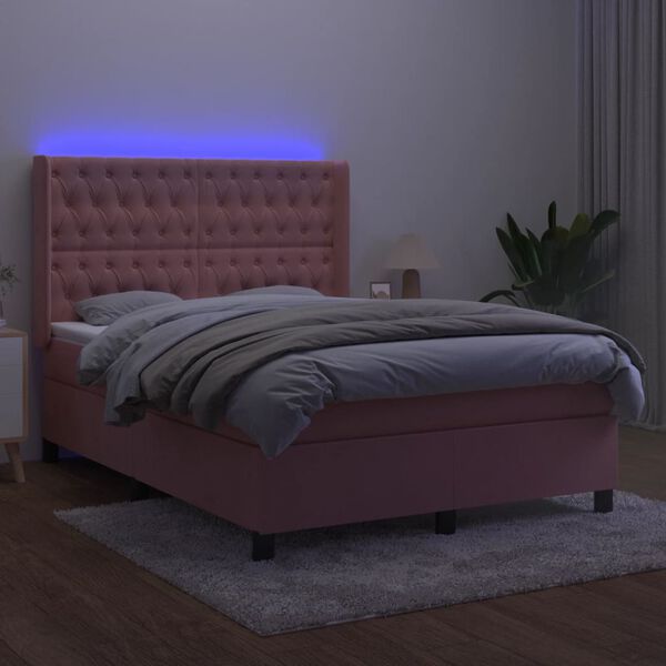 vidaXL H&oacute;lfa&eth; Springr&uacute;m me&eth; D&yacute;nu&LED Bleikur 140x190 cm Flauel