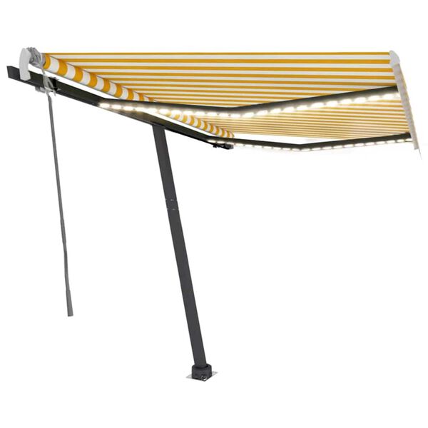 vidaXL Handvirkt &uacute;tdraganlegt skyggni me&eth; LED 350x250 cm Gult og hv&iacute;tt