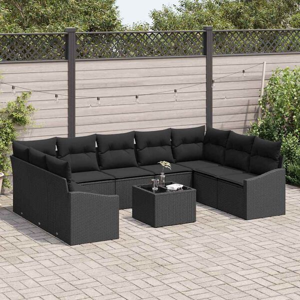 vidaXL Gar&eth;s&oacute;fa sett 10 pcs Svartur Poly rattan