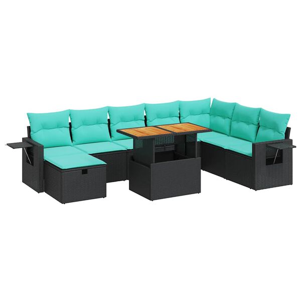 vidaXL 9 stykki gar&eth;s&oacute;fasett me&eth; p&uacute;&eth;um Black Poly Rattan Acacia