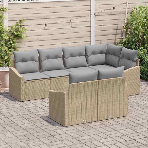 vidaXL Garðsófa sett með púði 7 pcs Beige og ljósgrár pólýrattan