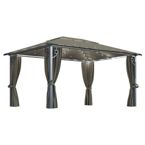 vidaXL Gazebo me&eth; gluggatj&ouml;ldum og LED strengjalj&oacute;sum 4x3 m M&oacute;gr&aacute;tt &Aacute;l