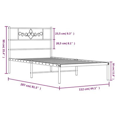 vidaXL Rúmgrind úr Málmi með Höfuðgafli Hvítur 107x203 cm