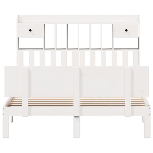 vidaXL Rúmgrind með Bókahillu án Dýnu Hvít 140x200 cm Gegnheil Fura