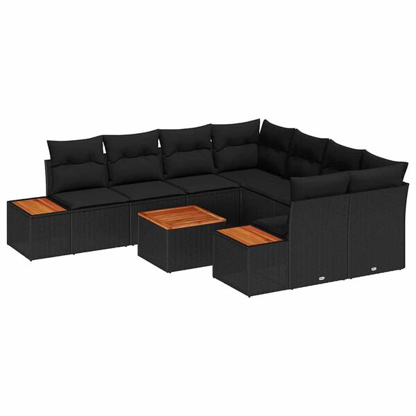 vidaXL Garðsófa sett með púði 9 pcs Svartur Poly rattan