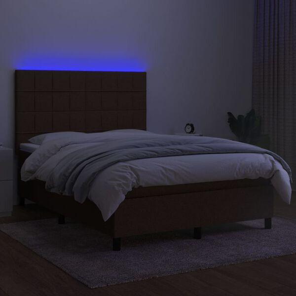 vidaXL H&oacute;lfa&eth; Springr&uacute;m me&eth; D&yacute;nu&LED D&ouml;kkbr&uacute;nn 140x190cm Tauefni