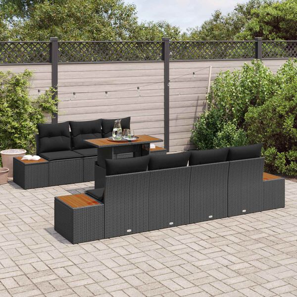 vidaXL Gar&eth;s&oacute;fa sett me&eth; geymslu 8 pcs Svartur Poly rattan