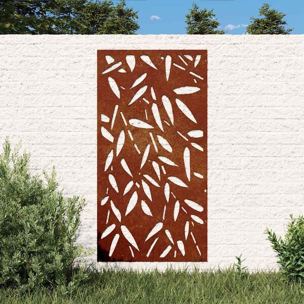 vidaXL Veggskreyting &iacute; Gar&eth;inn 105x55 cm Corten St&aacute;l Bambusbla&eth;ah&ouml;nnun