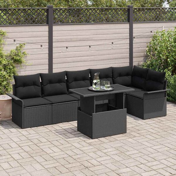 vidaXL Gar&eth;s&oacute;fa sett me&eth; p&uacute;&eth;i 7 pcs Svartur Poly rattan