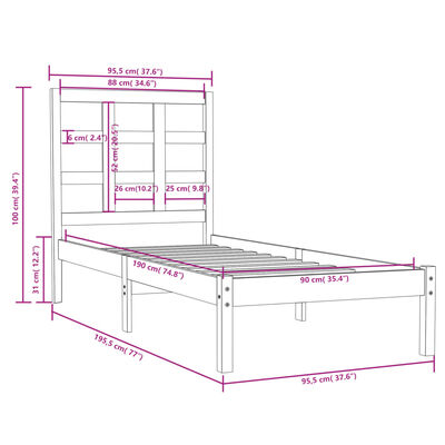 vidaXL Rúmgrind Gegnheill Viður 90x190 cm Einbreið