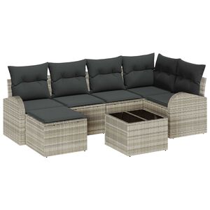 vidaXL S&oacute;fasett me&eth; p&uacute;&eth;i me&eth; geymslu 7 pcs Lj&oacute;sgr&aacute;r p&oacute;l&yacute;rattan