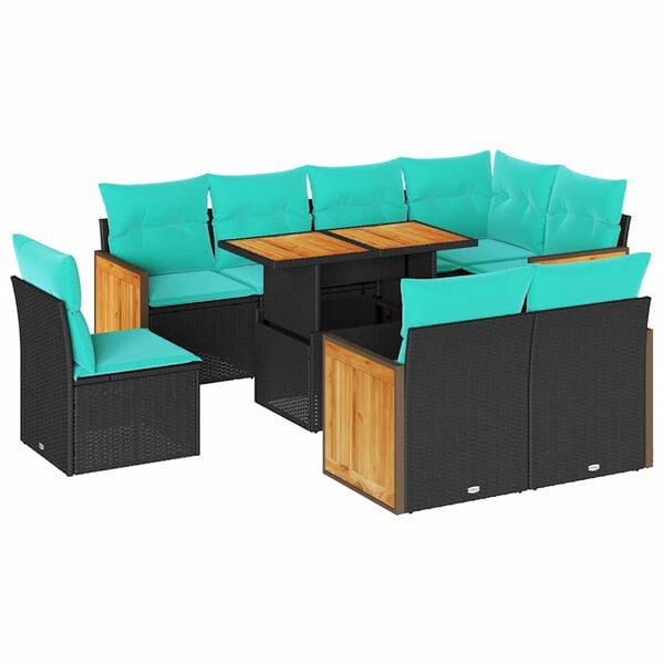 vidaXL 9 stykki gar&eth;s&oacute;fasett me&eth; p&uacute;&eth;um Black Poly Rattan Acacia