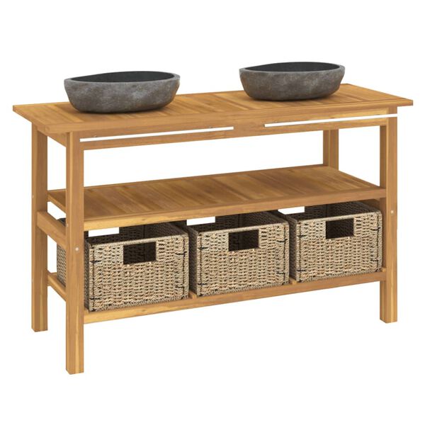 vidaXL Baðherbergissnyrtiskápur riverstone-vöskum Gegnheill Tekkviður