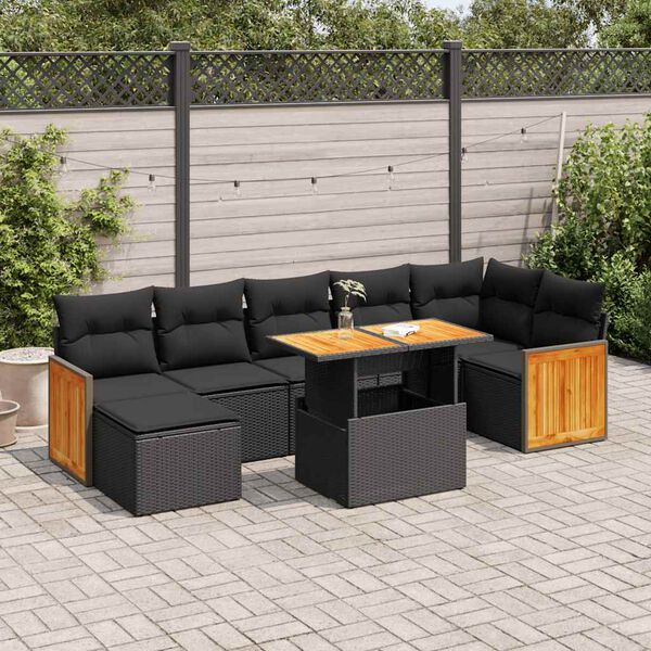 vidaXL 8 stykki gar&eth;s&oacute;fasett me&eth; p&uacute;&eth;um Black Poly Rattan Acacia