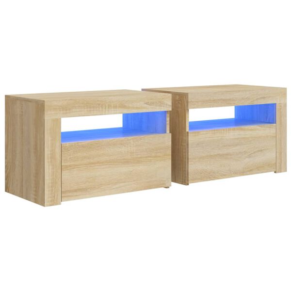 vidaXL Náttborð 2 stk. með LED Ljósum Eikarlitur 60x35x40 cm