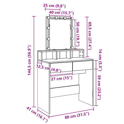 vidaXL Snyrtiborð með LED-ljósum Hvítt 80x41x144,5 cm