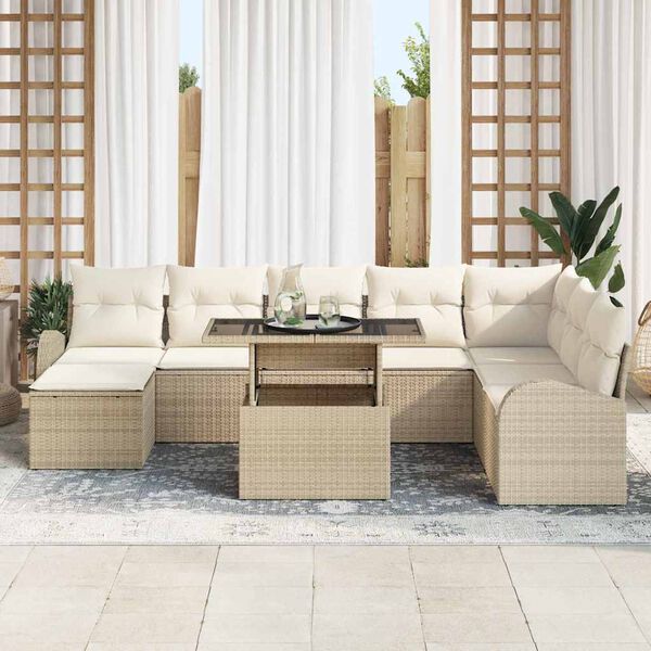 vidaXL Gar&eth;s&oacute;fa sett me&eth; geymslu 9 pcs Beige og krem p&oacute;l&yacute;rattan