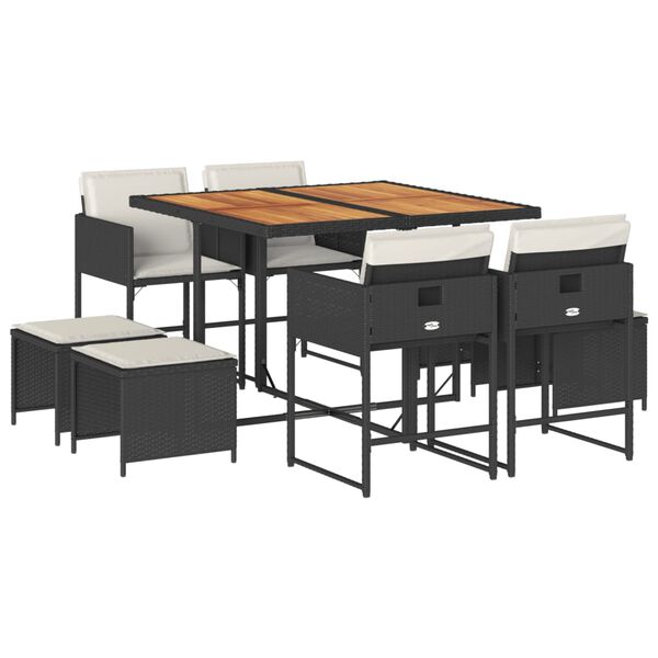 vidaXL 9 Stk. Gar&eth;h&uacute;sgagnasett me&eth; P&uacute;&eth;um P&oacute;l&yacute;rattan Svart