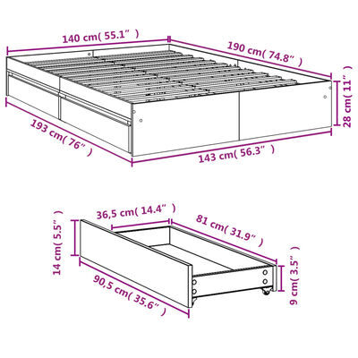 vidaXL Rúmgrind með Skúffum án Dýnu Reyktóna Eikarlitur 140x190 cm