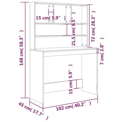 vidaXL Skrifborð með Hillum Brún Eik 102x45x148 cm Samsettur Viður