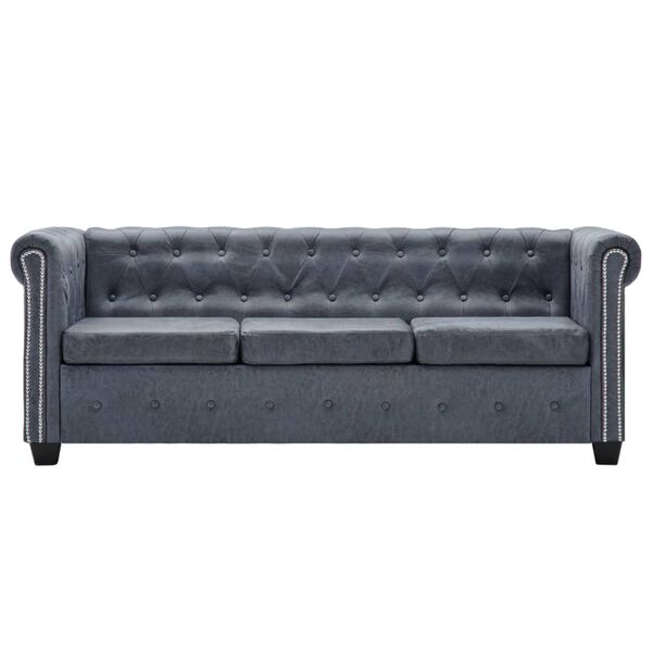 vidaXL Chesterfield S&oacute;fasett Gervir&uacute;skinn Gr&aacute;r