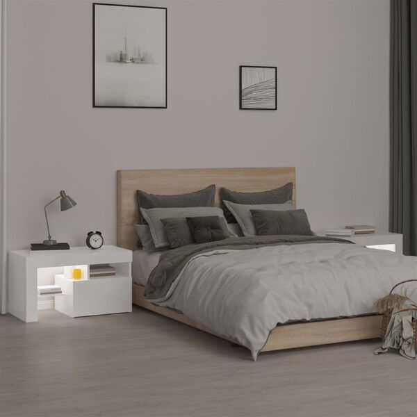 vidaXL N&aacute;ttbor&eth; 2 stk. me&eth; LED Lj&oacute;sum H&aacute;glans Hv&iacute;tt 70x36,5x40 cm